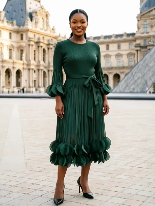Niche Women's Pleated Dress Fashion Solid Color Elegant Round Embellishments Patchwork Design Famale Clothing 2DB8043 — image 10
