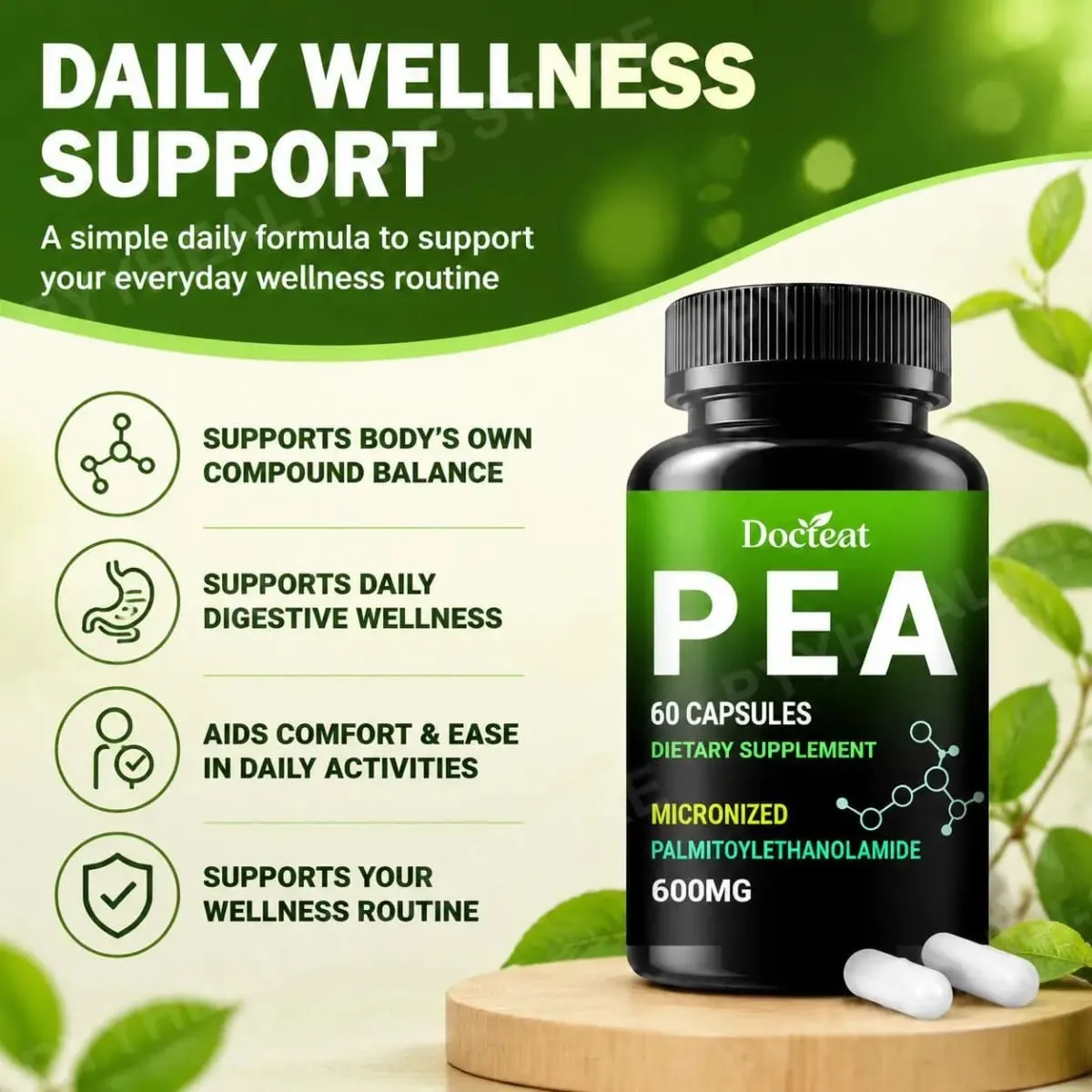 Docteat PEA 600mg Capsules Micronized Palmitoylethanolamide Supports Compound Balance Maintenance Comfort and Ease 60 Capsules — image 4