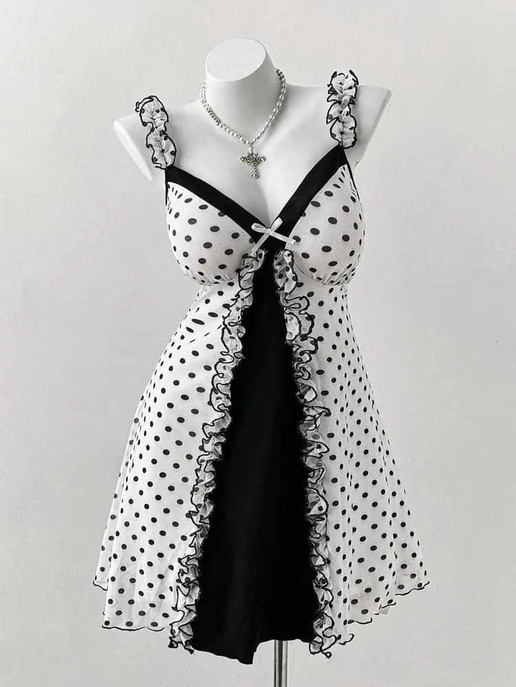 Plus Size Y2K Polka Dot Dress Ruffle Trim Bow Front Cami Mini Dress Sexy Sweet Coquette Style Party Dress for Women