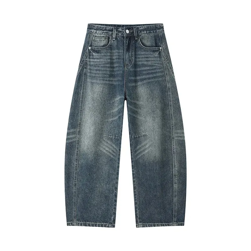 Men 2026 New American Curved Cut Jeans Fall Winter High Street Washed Whiskering Wide Leg Vintage Loose Denim Trousers — image 1