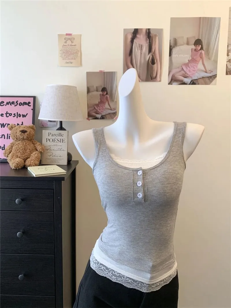 Women Fake Two Piece Lace Trim Tank Tops With Built-in Bra Pads Ribbed Viscose Sleeveless Camisole Slim Fit Crop Vest A6493 — image 5