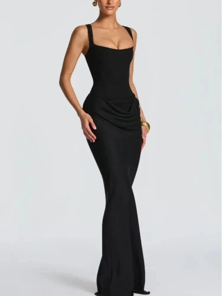 Solid Pleated Sling Dress Square Neck Sleeveless Off-shoulder Waist Cinching Slim Women Dresses Fashion Evening Party Gown 2025