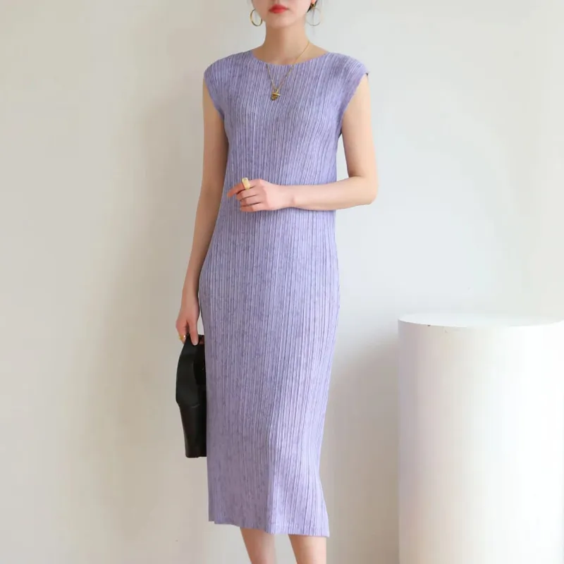 Miyake Pleated Solid Color Sleeveless Dress 2025 Summer New Draped Floral Print Temperament Commuter Casual Fashion Dresses