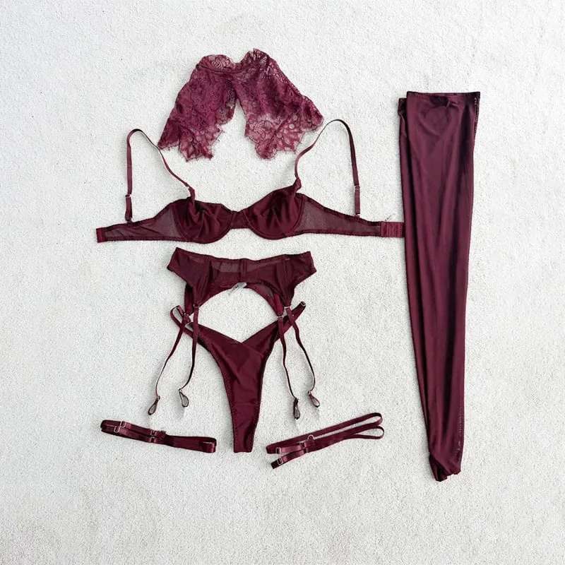 Women Wine Red Lace 4‑Pcs Lingerie Set Sexy See‑Through Mesh Bra With Lace Cape Shawl Leg Straps Stockings Thong Elegant Sexy — image 1