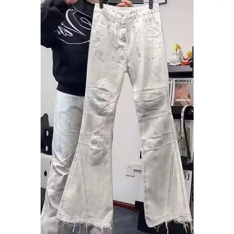 Women American Retro Y2K Flare Jeans White Washed Patchwork Y2K Vintage Hrajuku Punk High Waist Slim Streetwear Denim Pants