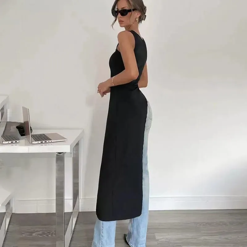 Sexy sleeveless side high slit dress solid color back free women's MIDI dress summer party club streetwear y2k
