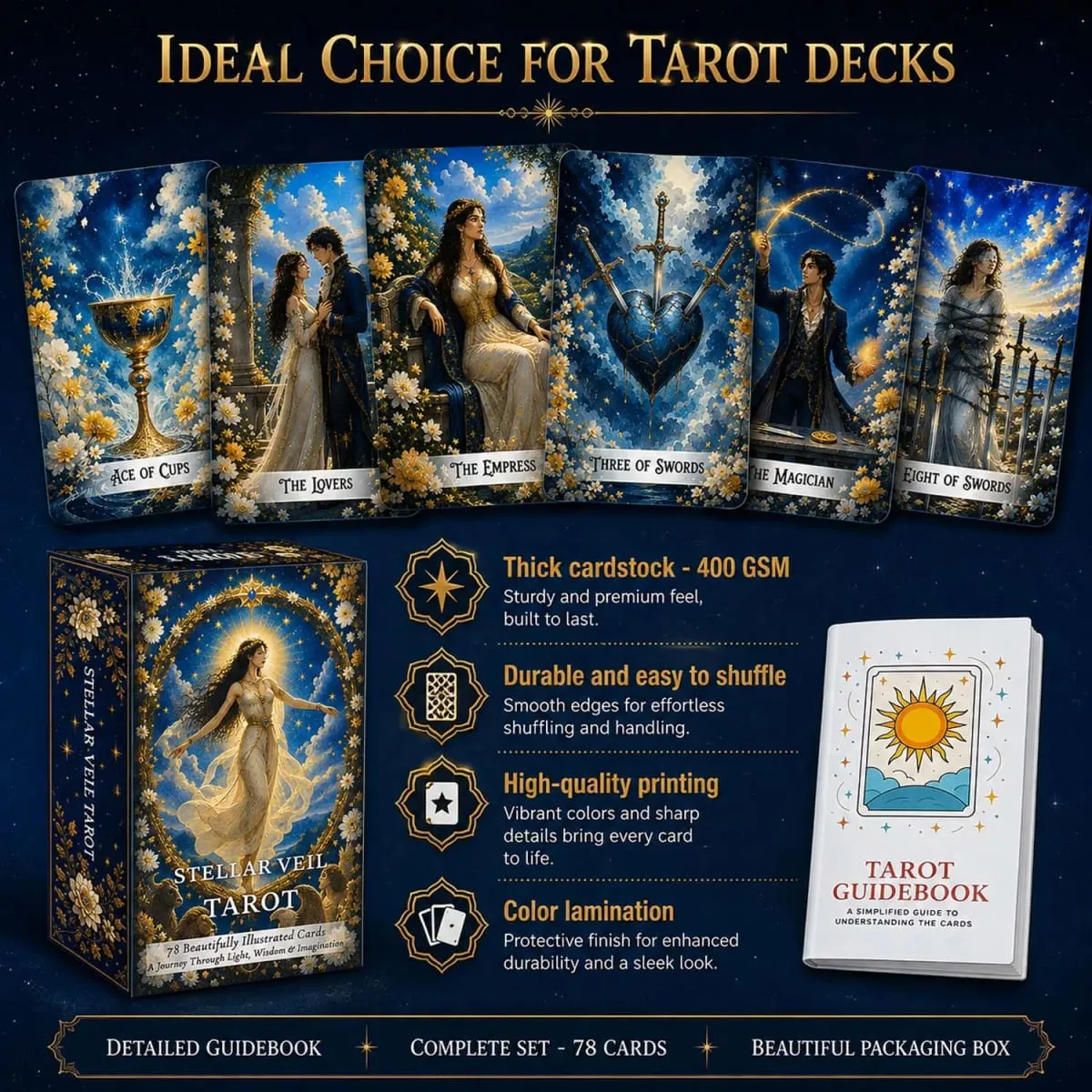 78 ไพ่ทาโรต์ 13x8 ซม. Stellar Veil Tarot Deck กระดาษคู่มือการออกแบบสัญลักษณ์ที่ไม่ซ้ำกัน Tarot Experience การ์ดเกม