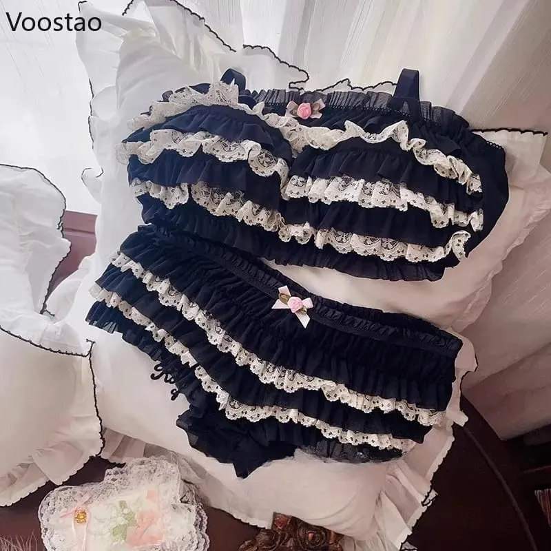 Japonês doce lolita estilo sutiã calcinha lingerie conjunto feminino sexy floral rendas babados briefs kawaii roupa interior calcinha conjuntos