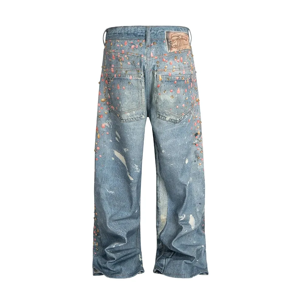 3D Printed Full Diamond Jeans for Men Straight Washed Distressed Shinning Diamon Denim Trousers Hip Hop Loose Baggy Jean Pants — image 2