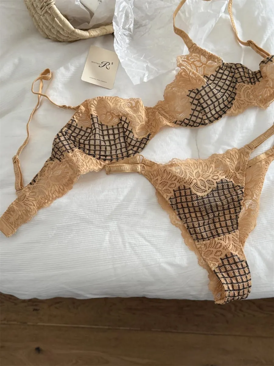 Bra lattice embroidery mesh underwear women small fresh top lingerie with panties support large breasts show small bra set