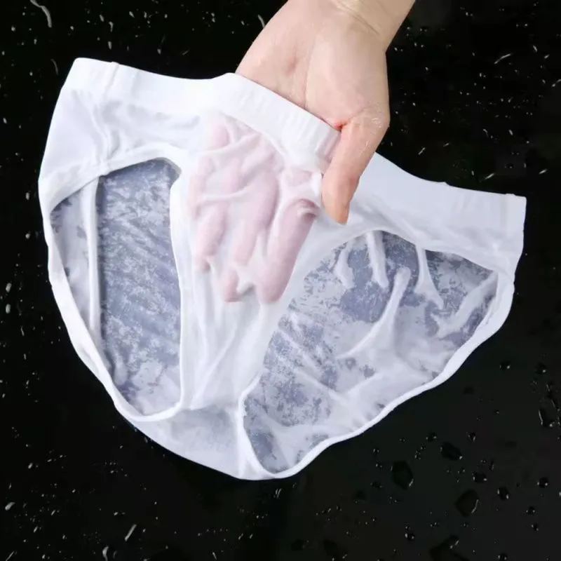 Cuecas masculinas sexy transparente de seda gelo, roupa íntima de secagem rápida em u convexa, cueca respirável de cintura baixa, resfriamento de verão — image 10