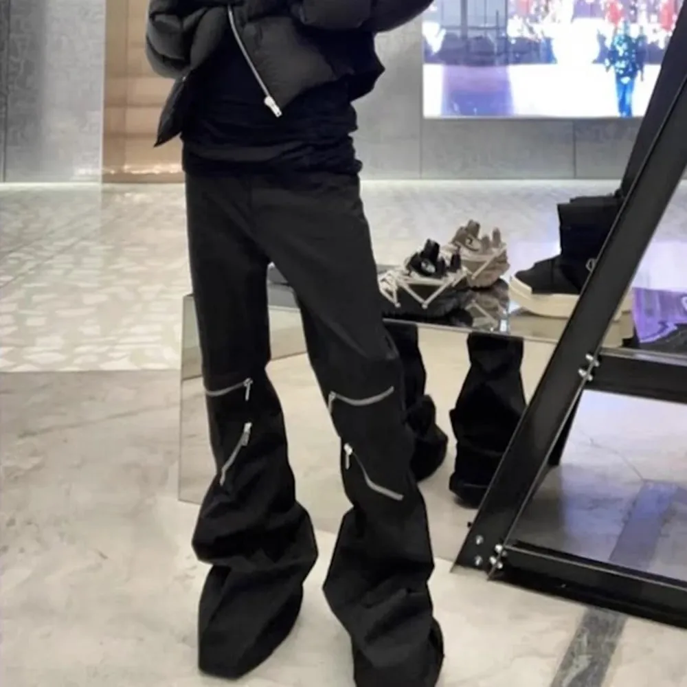 Knee Multi Zipper Coated Micro Flared Jeans for Men Streetwear Baggy Denim Trousers Straight Black Boot Cut — image 6