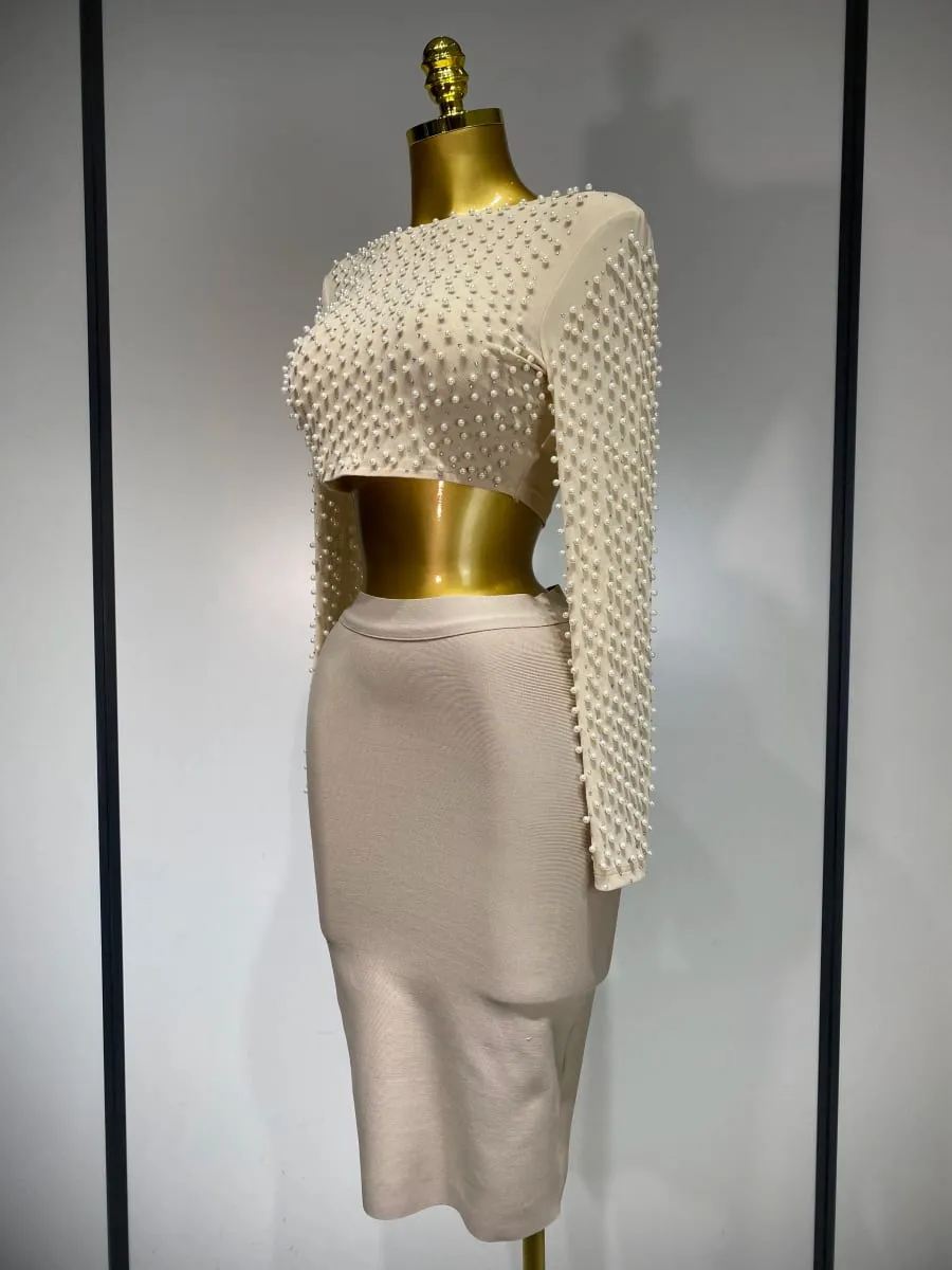 Set da donna sexy a maniche lunghe in rete con perle Top Celebrity Midi Set di fasciature da donna 2025 Set da due pezzi di compleanno di lusso per feste serali di design