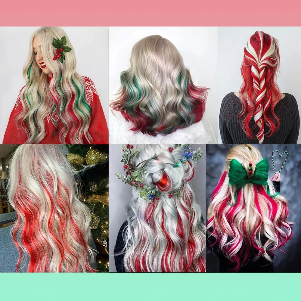 12-Piece Pack Women's 20-Inch Long Curly Clip-In Hair Extensions - Heat-Resistant Synthetic Fibers Red & Green Easy Application