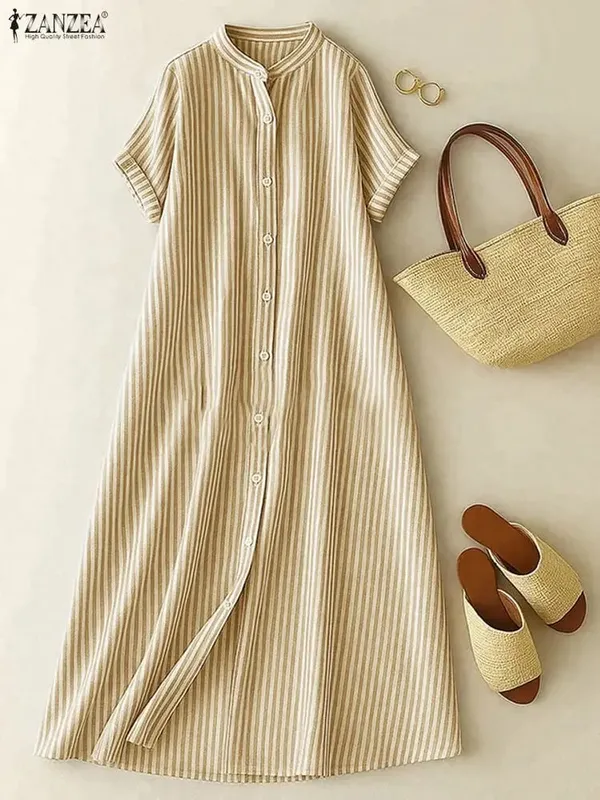 Women's Casual Striped Midi Dresses Stand Collar Short Sleeve Buttons Shirtdress Spring Summer Holiday Woman Clothes 3XL
