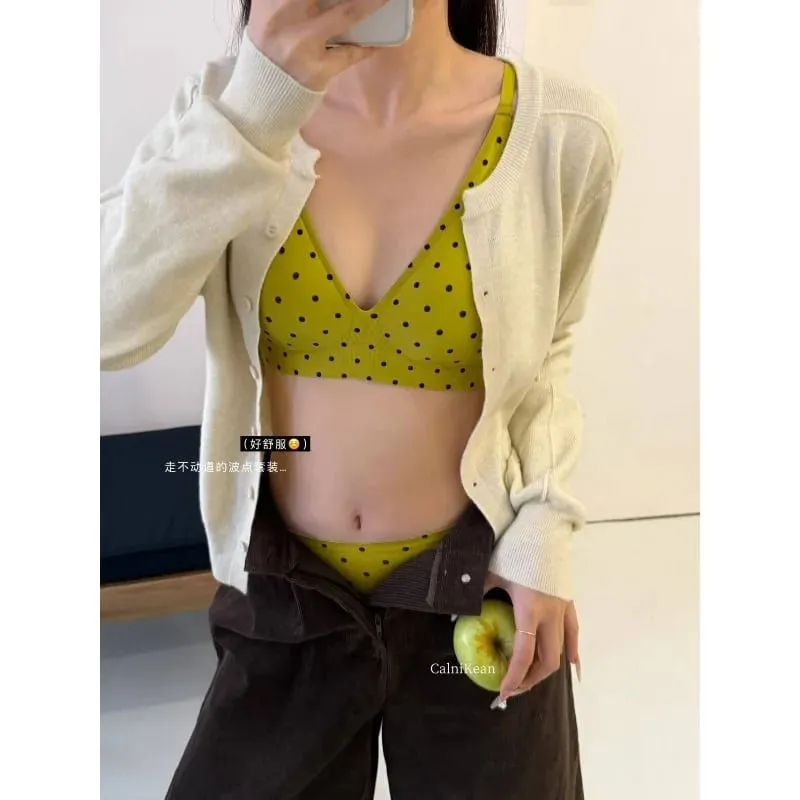 American Retro Polka Dot Lingerie Set Seamless Deep V Bra Wireless Jelly Soft Support Anti Sagging Sexy Comfort Women MOYISU Bra — image 1