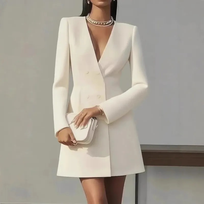 Autumn Double Breasted Solid Color V-Neck Office Suit French Long Sleeved Elegant Slim Fit Blazer Dress for Woman
