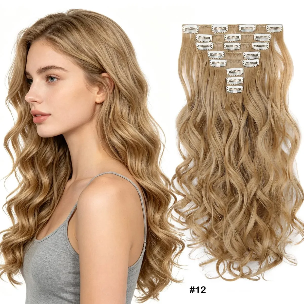 Clip in Hair Extensions Set Full Head 8Pieces With 17clips Synthetic Wavy Hair 20 Inch Matte Heat Resistant Multi Colors