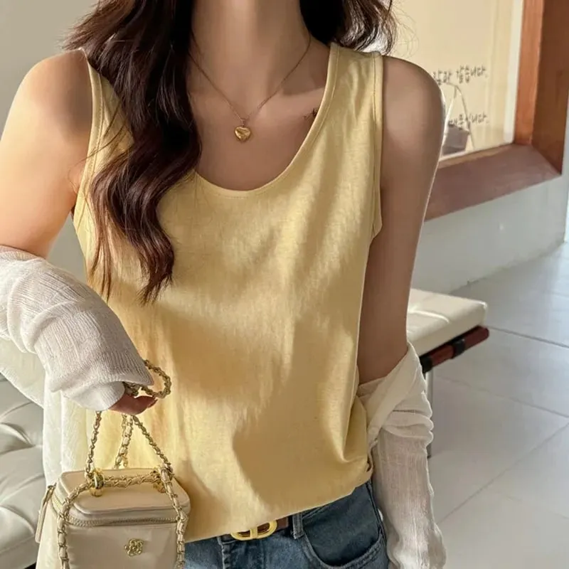 2026 New Women Summer Casual Tank Tops Solid Color All-Match Basic Sleeveless Vest Female Korean Simple Loose O-Neck Camis Top