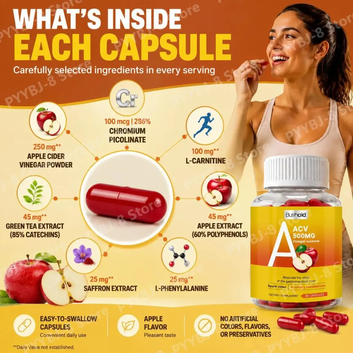 30 Capsules Apple Cider Vinegar with L-Carnitine Energy Maintenance Green Tea Extract (85% Catechins) for Health Support — image 4