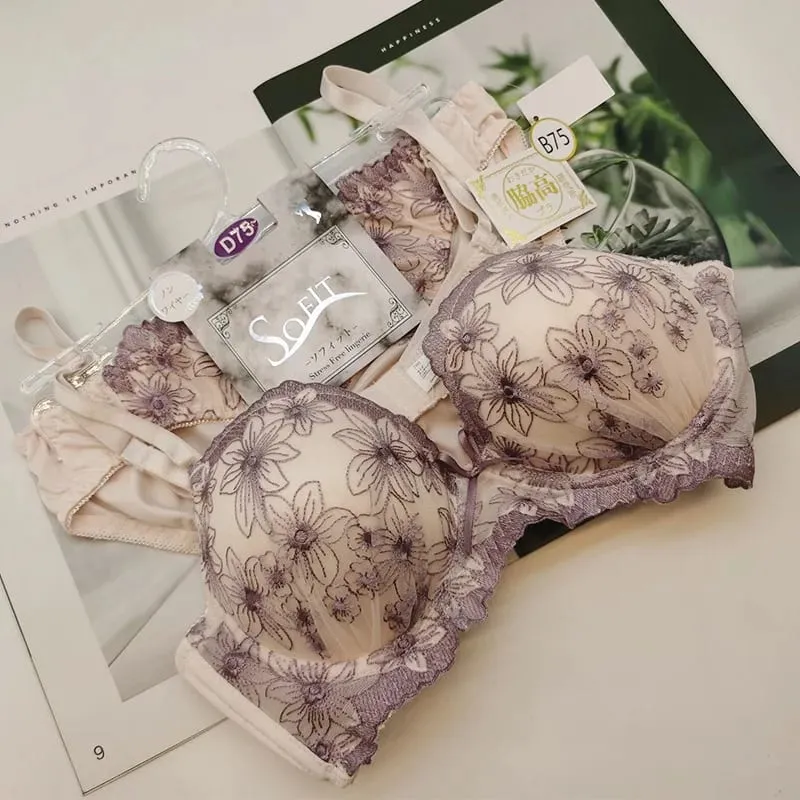New gathering support lace bra set luxury models embroidery skin-friendly lingerie breif suit comfortable wirefree underwear