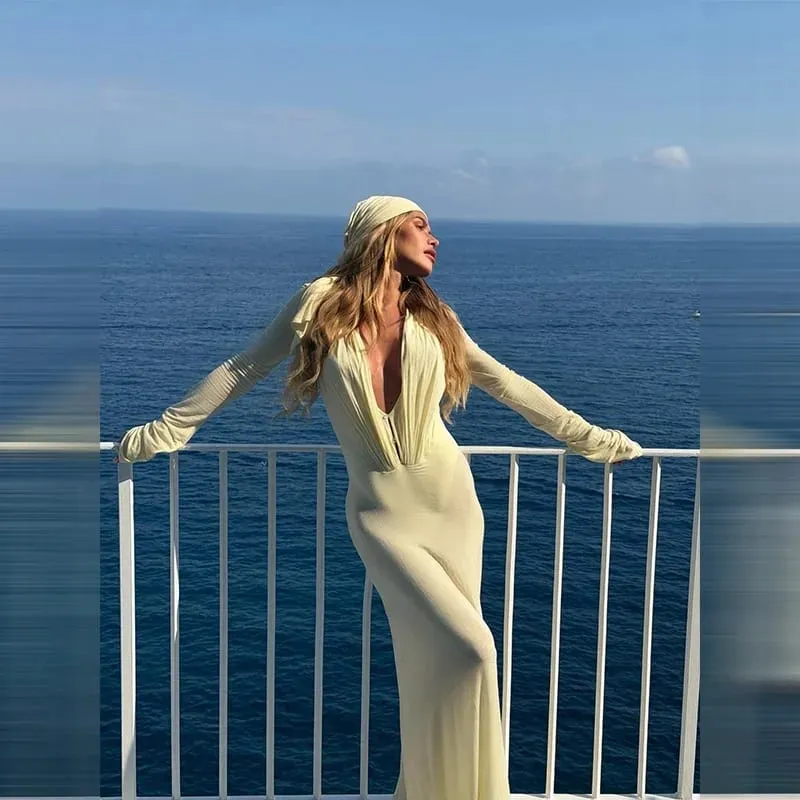 Luxury See Through Mesh Bodycon Maxi Dress For Women Lady Long Flared Cuff Deep V Neck Pleated Beach Holiday Evening Party Gown — image 3