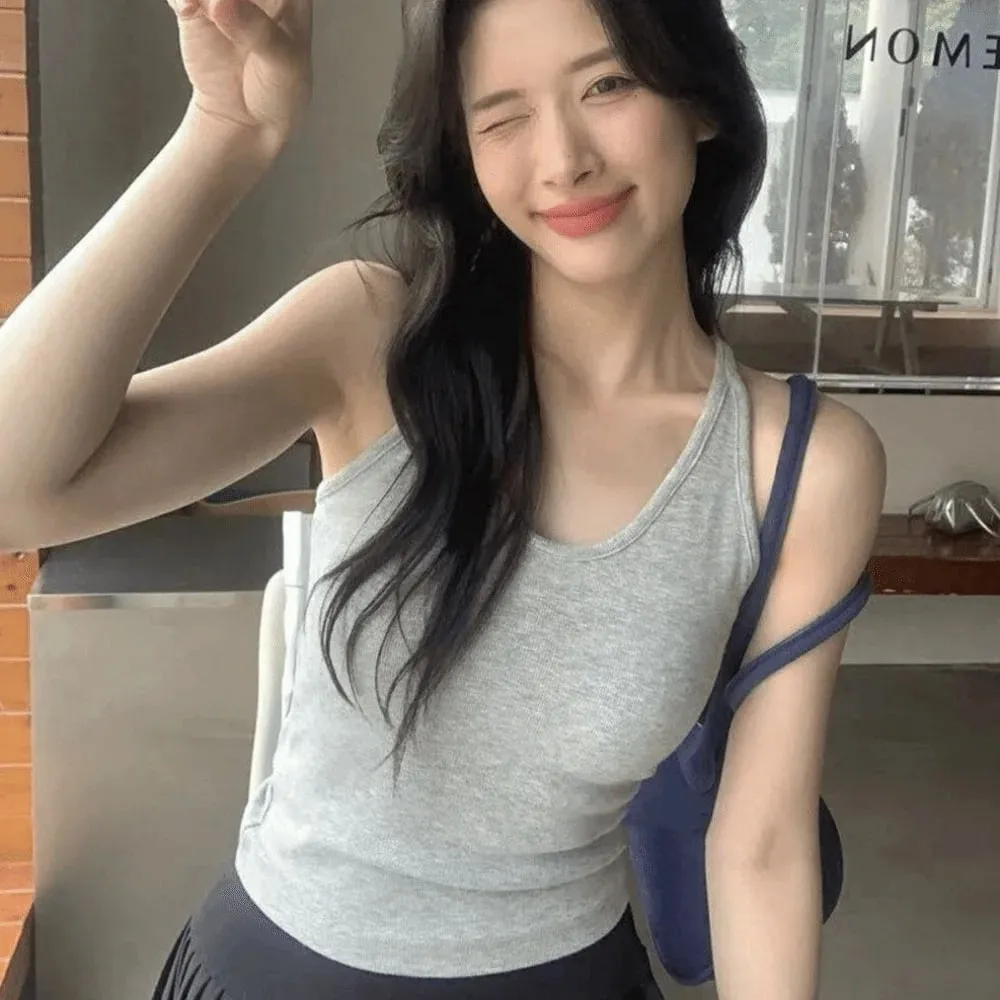 Korean Style with Chest Pad Strap Vest U-Neck Solid Color Backless Sleeveless Top Slimming Women Camis Summer