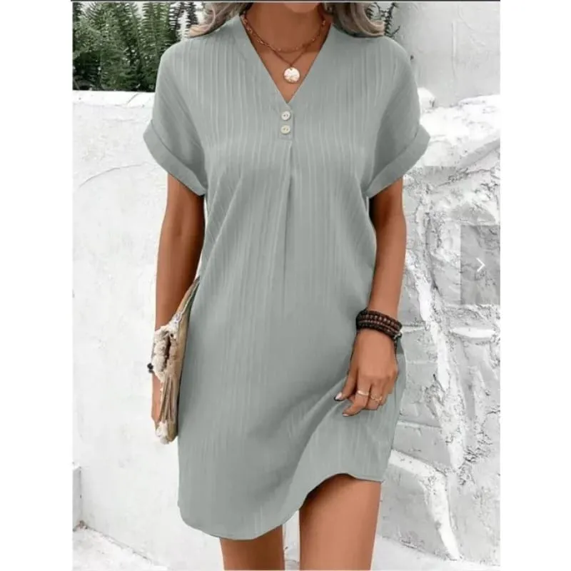 Women's Summer Solid Color Simple Short-Sleeve V-Neck Shirt Dress Comfortable Casual Elegant Loose-Fit Dress with Button Desig