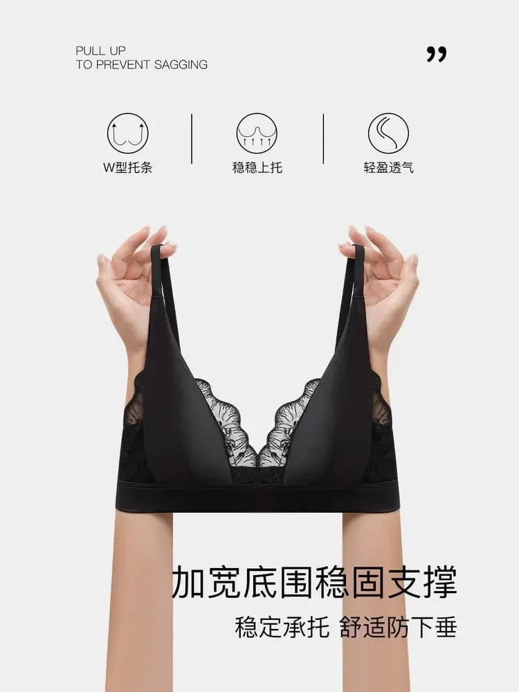 低調法式內衣無鋼圈奢華緞面胸罩適合小胸夏季薄罩蕾絲胸罩優雅舒適 MOYISU S-XL AB