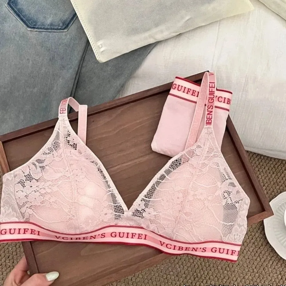 Comfortable Letter Design Lingerie Set Lace Wireless Women Underwear Suit Deep V Color Blocking Bra Panties Set Gift — image 3