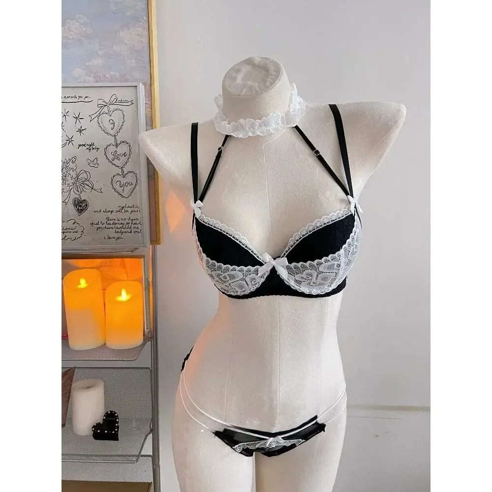 Ladies Halter Neck Lace Bra Detachable Bow Design Underwire Push Up Brassiere Side Breast Collection Daily Intimates Lingerie — image 2
