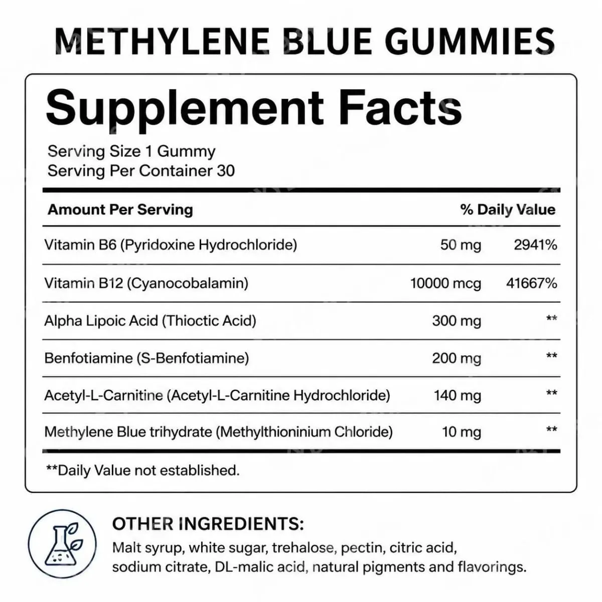 Methylene Blue Gummies with Benfotiamine Alpha Lipoic Acid Vitamin B6 & B12 for Mental Clarity and Nerve Health - 30 Gummies — image 6