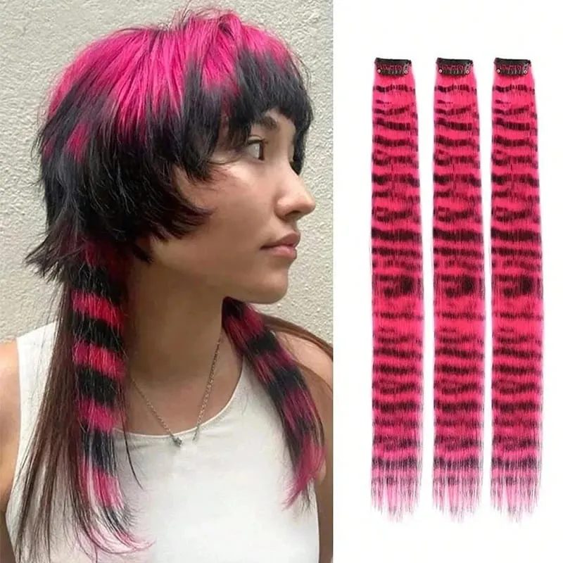 3Pcs Leopard Print Hair Extensions Synthetic Stripe Printed Hair Piece Colorful Long Straight Clip In Hair For Women Girls Party — image 2