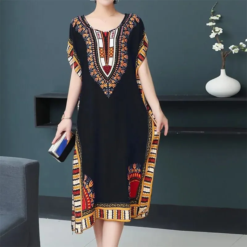 Boho Holiday Women V-Neck Batswing Short Sleeve A-Line Midi Dresses Slim Elastic Waist Casual Vintage Office Lady Elegance Dress — image 22
