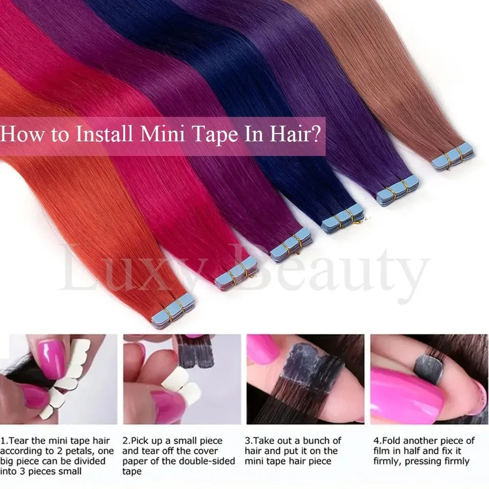 Colored Blue Mini Tape in Human Hair Extensions Invisible Seamless Tape in Hair 10pcs Pink Red Green Purple Blue Mini Tape Hair