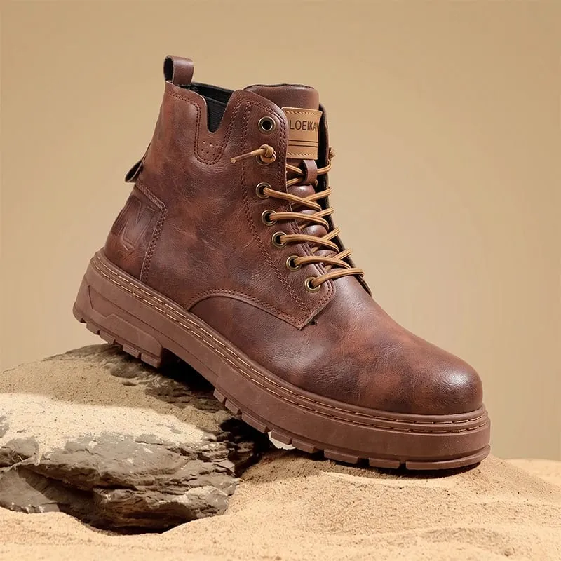Men High‑top Casual Boots Faux Leather Lace‑up Thick Non‑slip Block Sole Stitched Detail For Urban Street Daily Outing