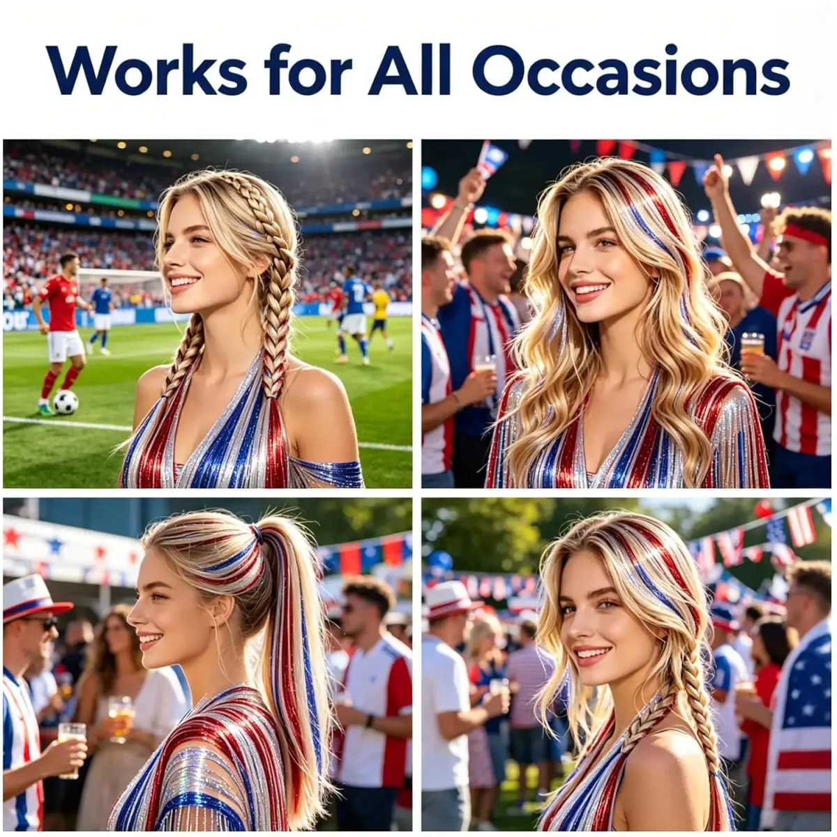 Red Silver Blue Hair Tinsel Set Clip in 12Pcs Sparkle Soccer Game Day Hair Accessories Loose Tinsel For Sports Fans Synthetic