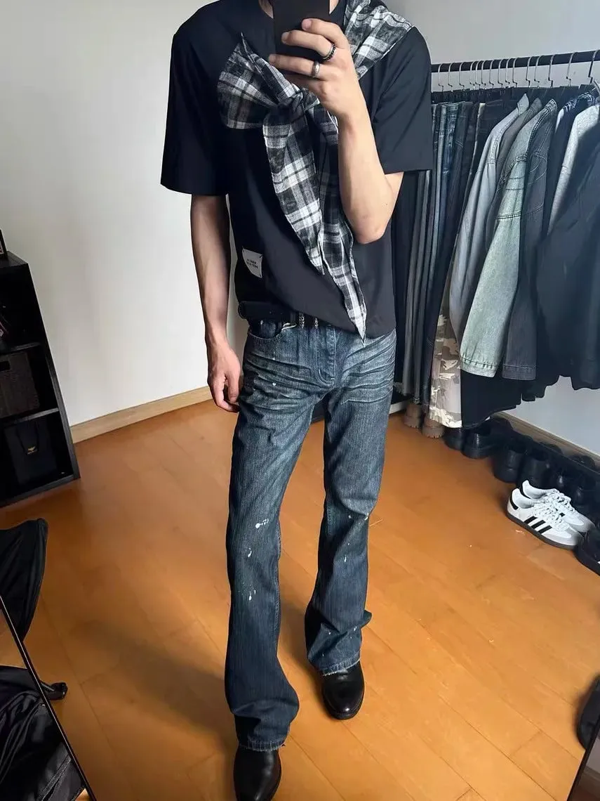 Cleanfit Style Heavyweight Bootcut Men's Jeans Faded Dyeing Slim Fit Distressed Long Trousers Casual Fashion