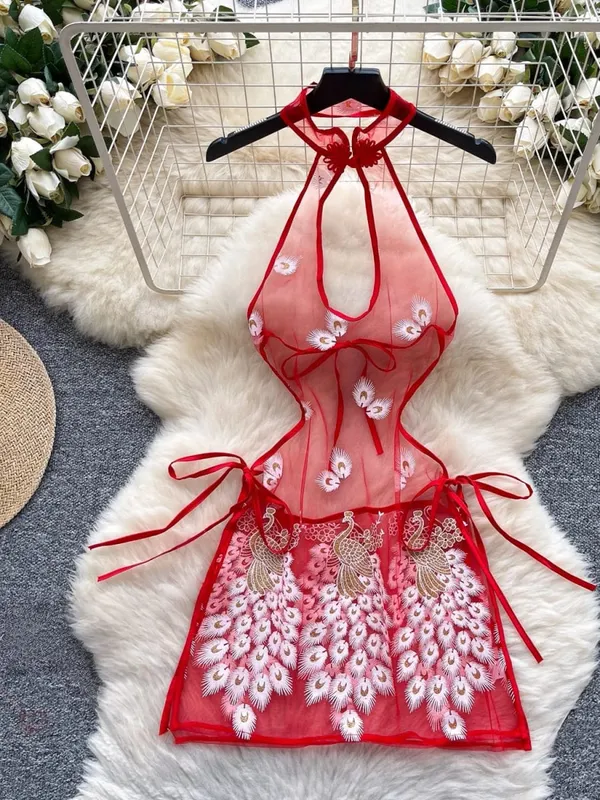 Woman Embroidery Floral Mesh Fashion Sexy Dress Chinese Style Short Sleeve Split Hollow Out Cheongsam New Gauze Sheer Dress — image 7