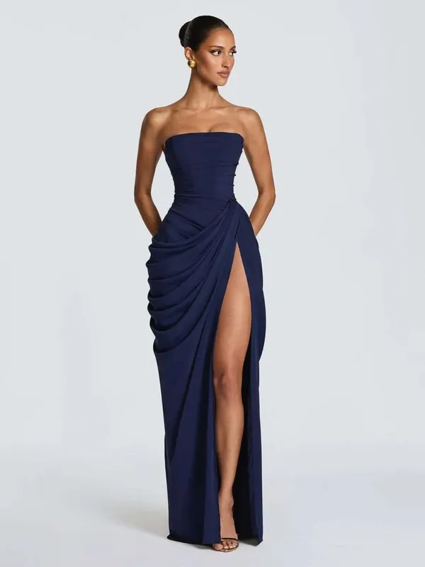 Elegant Yellow Strapless Pleated Long Dress Women Chic Solid Sleeveless Waist Cinching Split Gown 2026 Lady Evening Party Robes