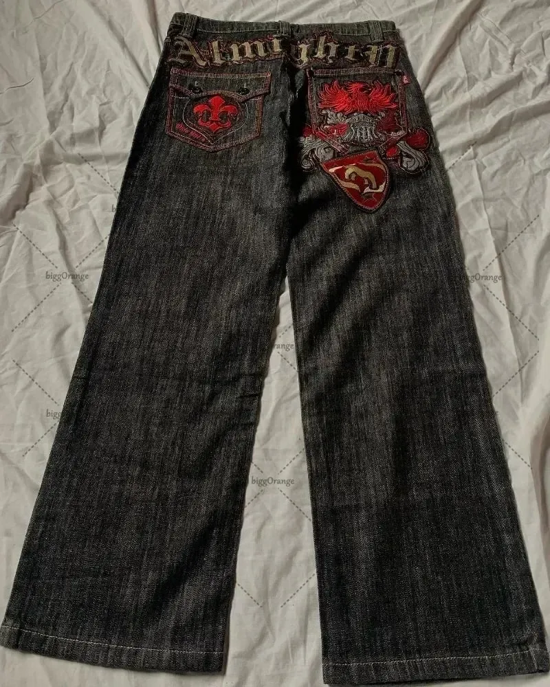 2026 Japanese style high street patchwork embroidered jeans men's goth Harajuku fashion wide leg jeans y2k retro casual pants