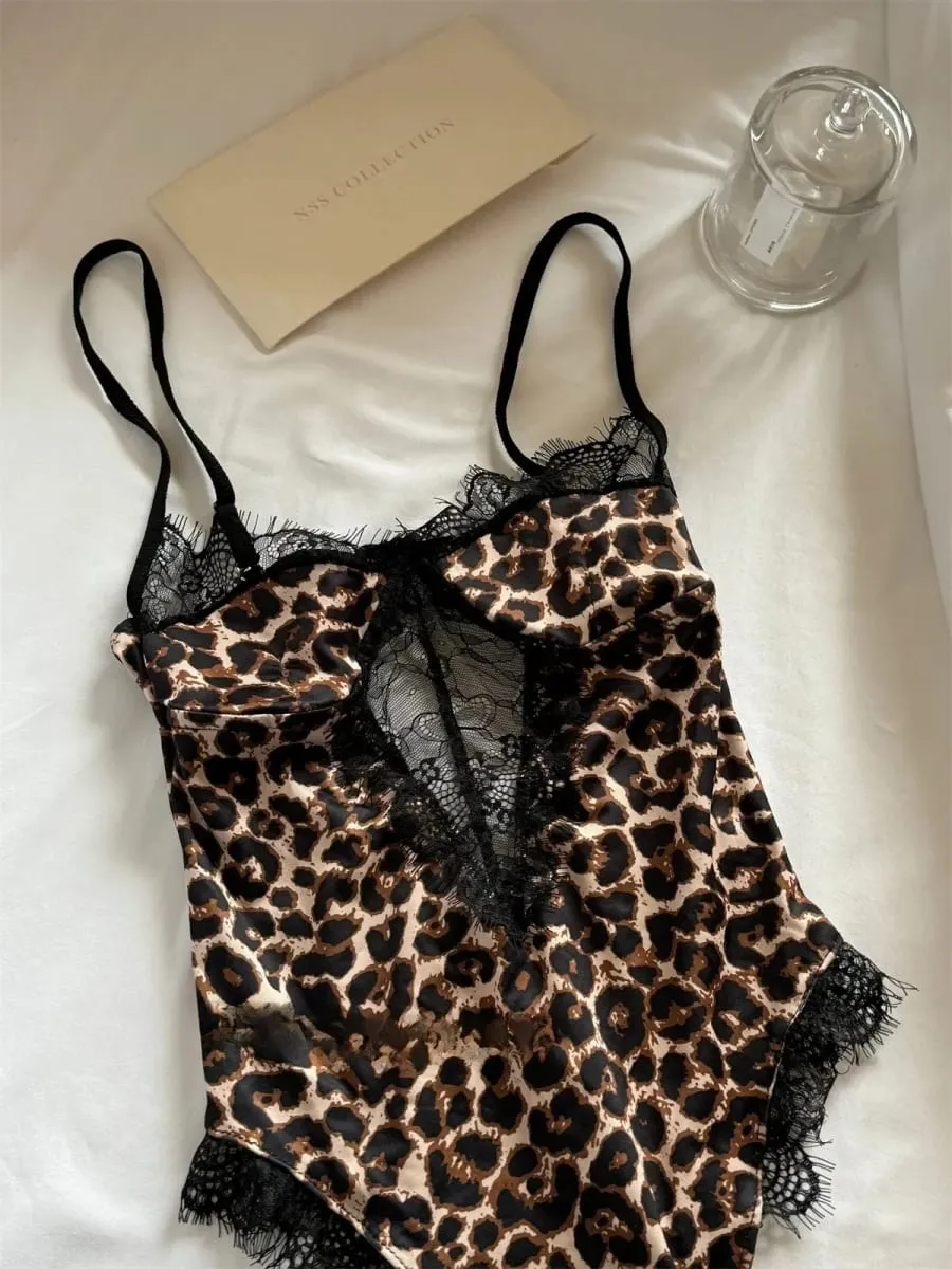Sexy Leopard Print Halter Bodysuit for Women Thin Stretch Lace Lingerie One-Piece with Hanging Neck