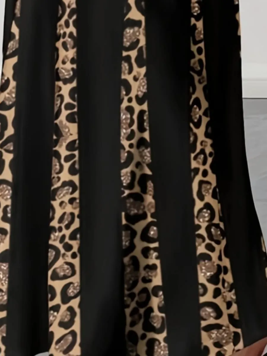 Elegant Leopard Print Maxi Dress Plus Size Fashionable Long Sleeve Gown Comfortable & Stylish Women's Clothing