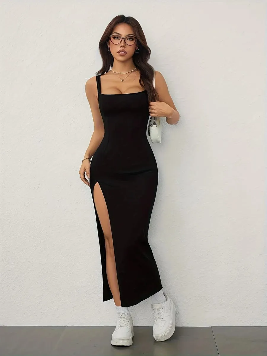 Women's Spring/Summer Sexy Elegant Square Neck Off-Shoulder Backless Split Hip Strappy Dress — image 5