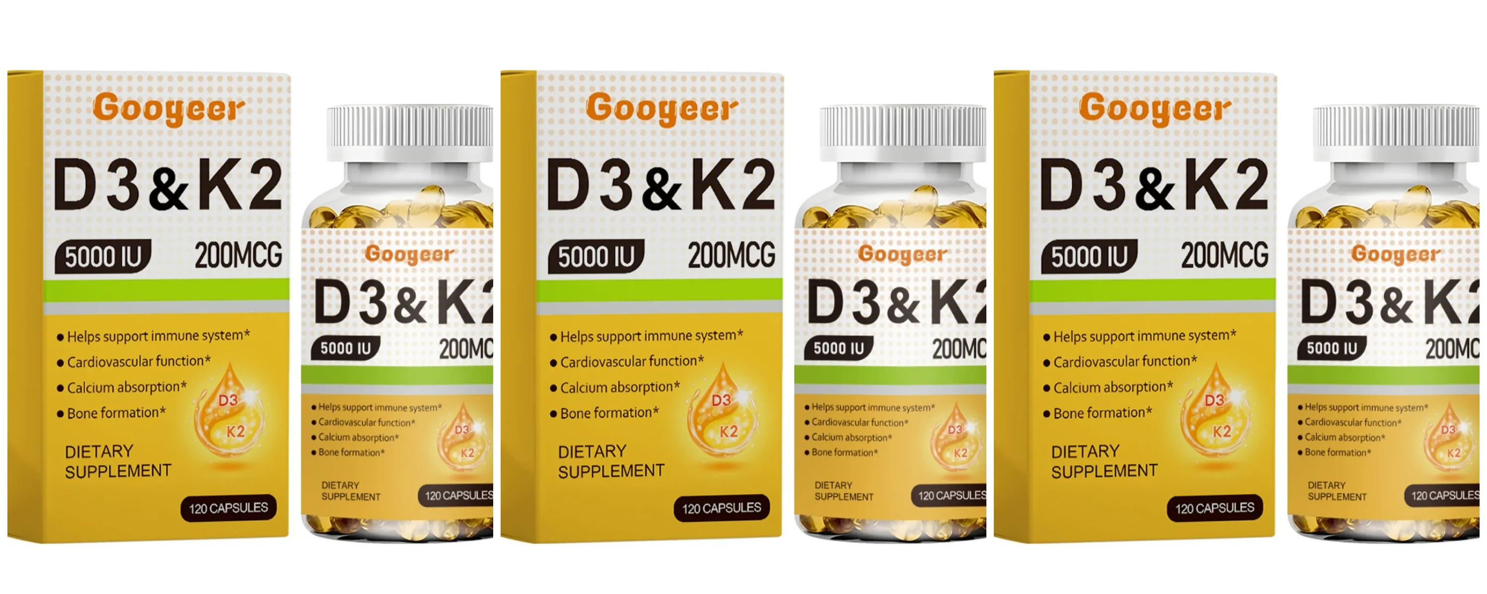 Googeer Vitamin D3 K2 Capsules 5000 IU D3 and 200 mcg K2 for Bone Health and Immune Support Dietary Supplement 120 Capsules