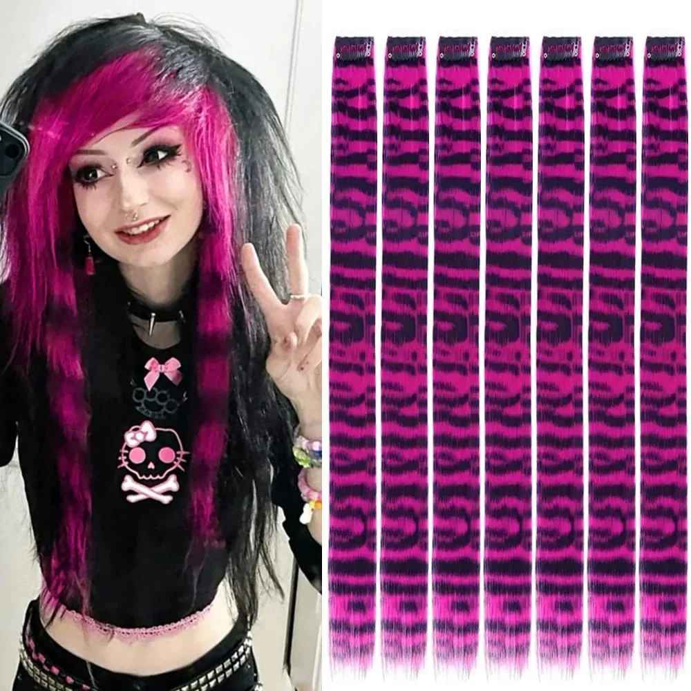 18' 7 Pcs Rainbow Long Straight Zebra Print Synthetic Feather Clip in Hair Extensions for Women Ideal Halloween Christmas