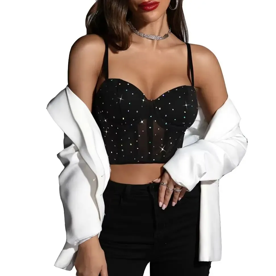 Women Y2K Fishbone Corset Crop Top Sexy Sheer Mesh Lace Up Bustier Tank Top Glitter Nightclub Party Sleeveless Spag