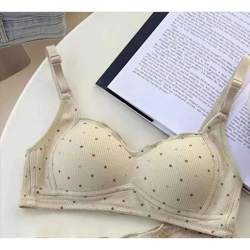 White Polka Dot Wireless Bra for Teens Push Up Bust Retraction Support Non Padded Bralette Set Small Chest Anti Sagging MOYISU