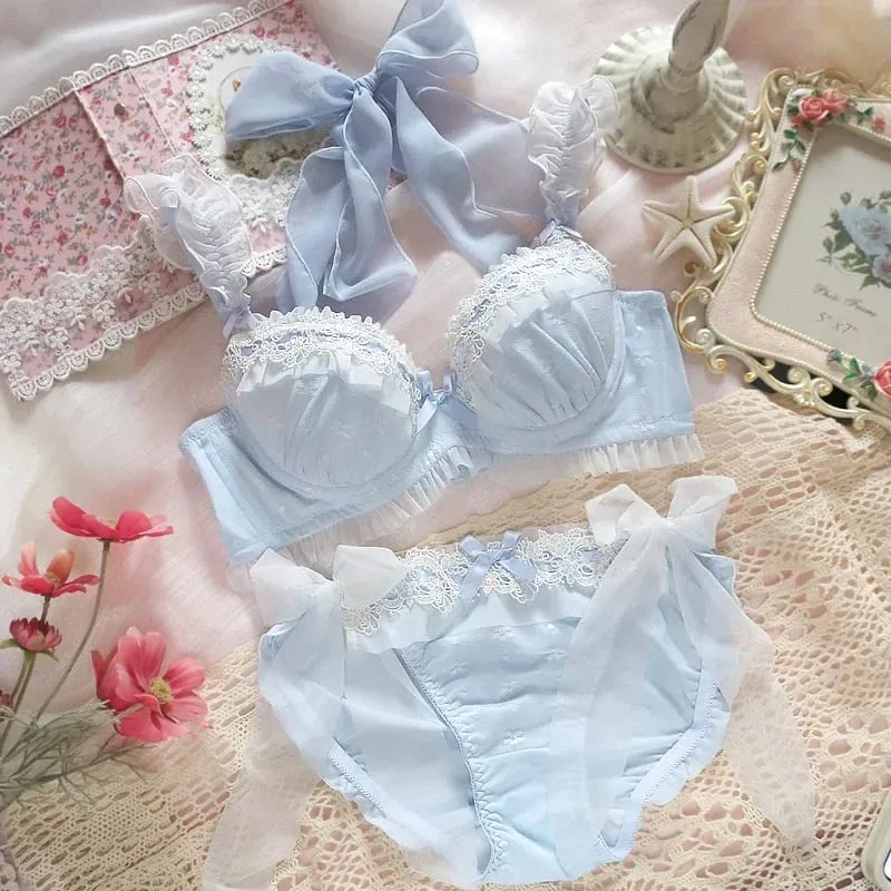 Water Soluble Lace Bra & Panty Set with Push Up Steel Ring Bows - Fresh Blue Lingerie for Women
