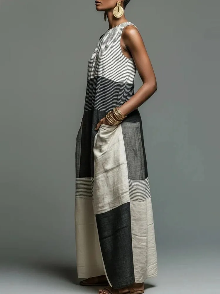 Summer Women Maxi Dress Stylish Color-Block Patchwork Loose Sleeveless Tank Long Dress Trendy Fashion Casual Pocket Dresses — image 2
